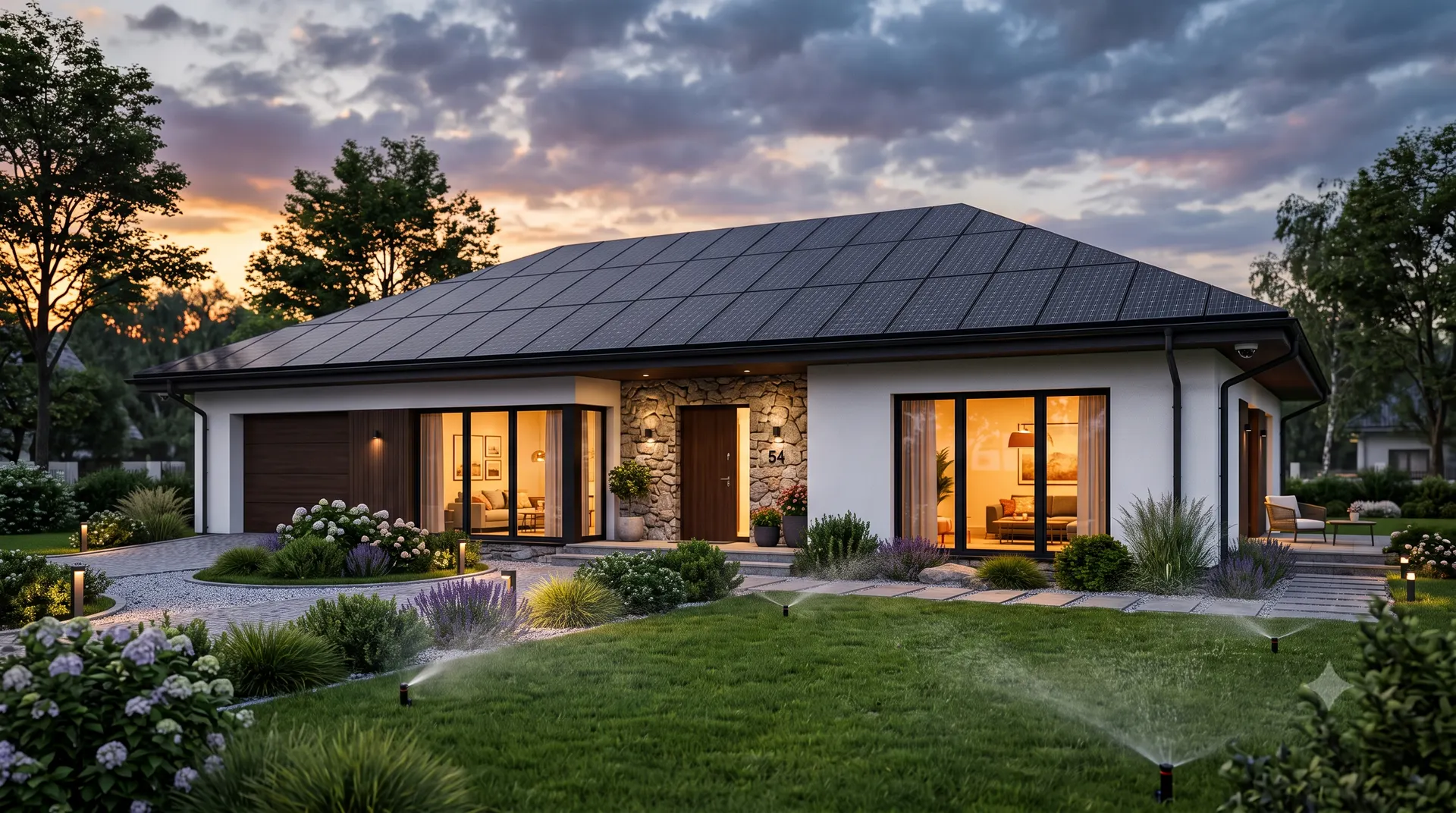 Modern home at dusk with rooftop solar panels, automatic lawn sprinklers, warm smart lighting and a security camera